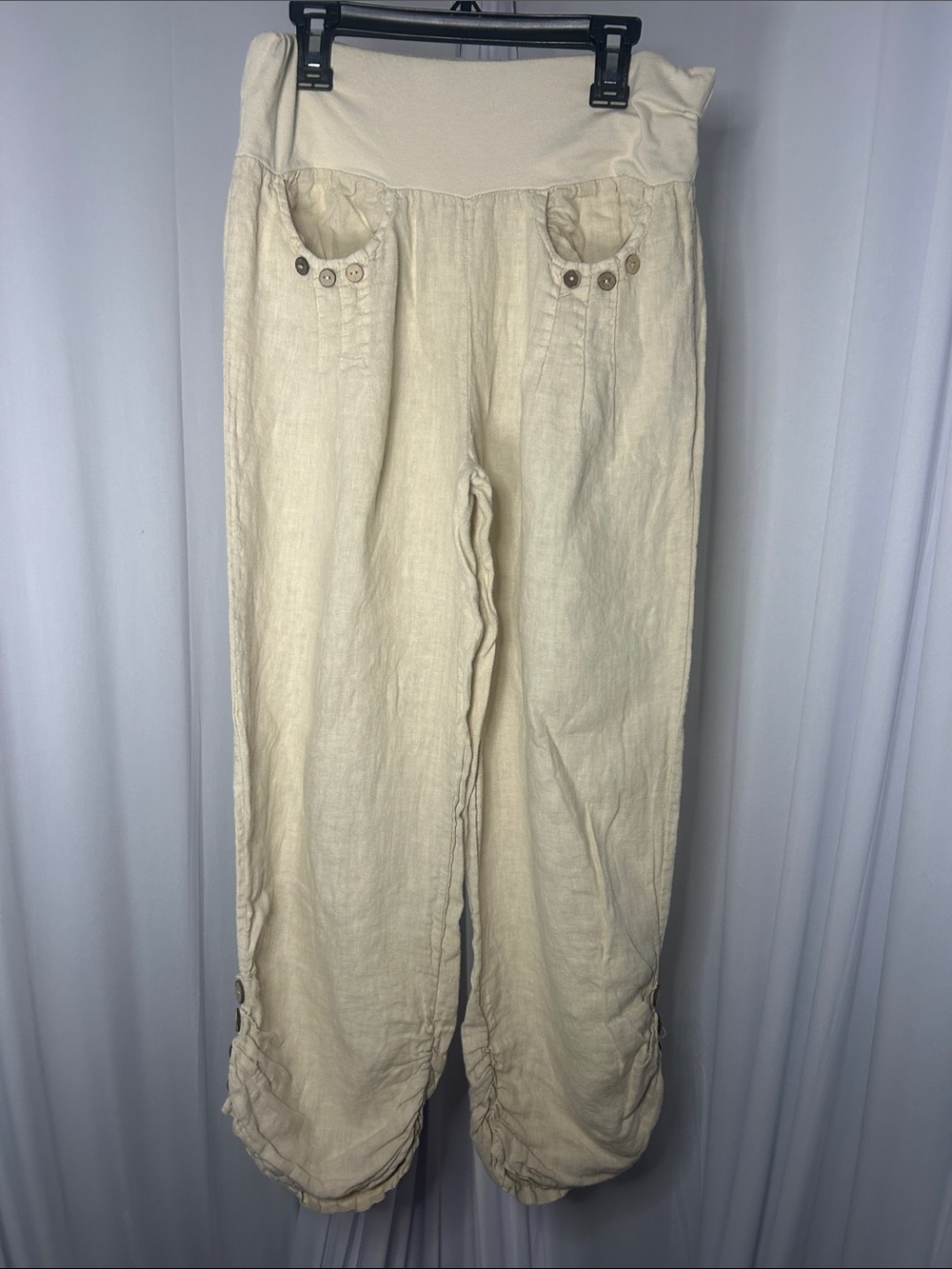 100% Linen Cream Cropped Linen Ankle Pants Lagenlook Coastal Resortwear